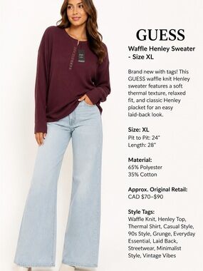 GUESS Henley Waffle Knit Top in Plum
